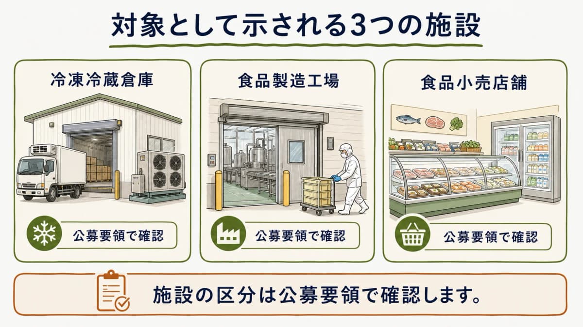 冷凍冷蔵倉庫と食品製造工場と食品小売店舗の確認図