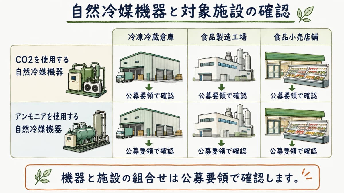 自然冷媒機器と対象施設を組み合わせて確認する図