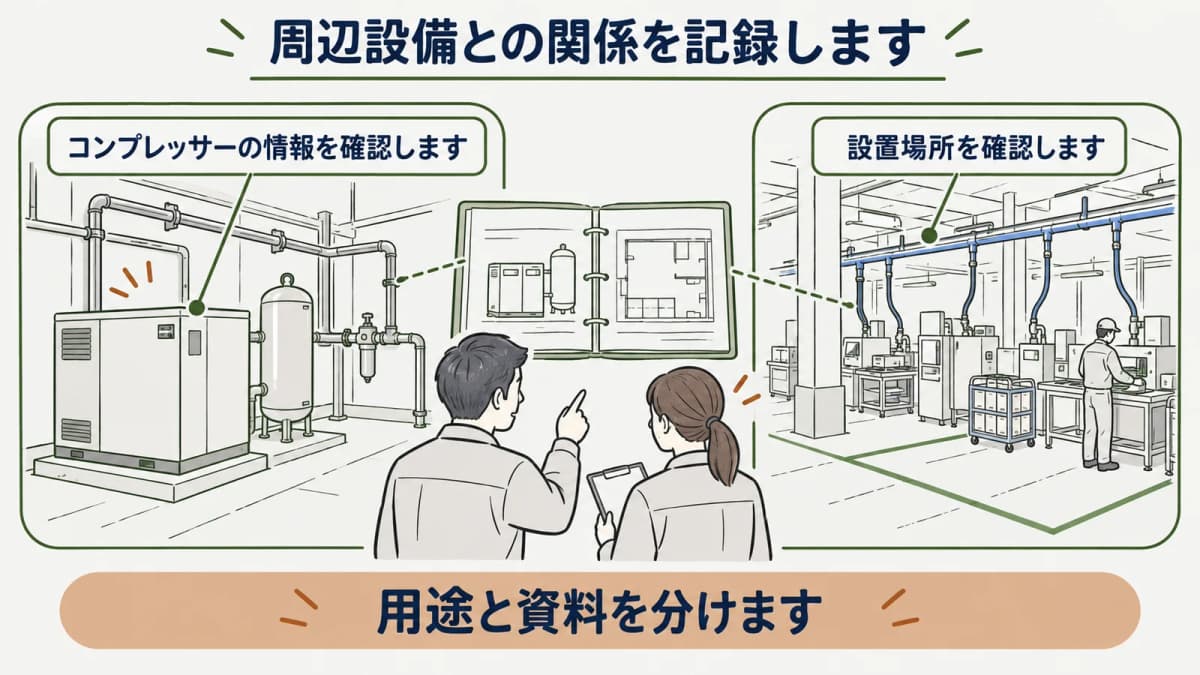 コンプレッサーと周辺設備の関係を設備図で記録する図