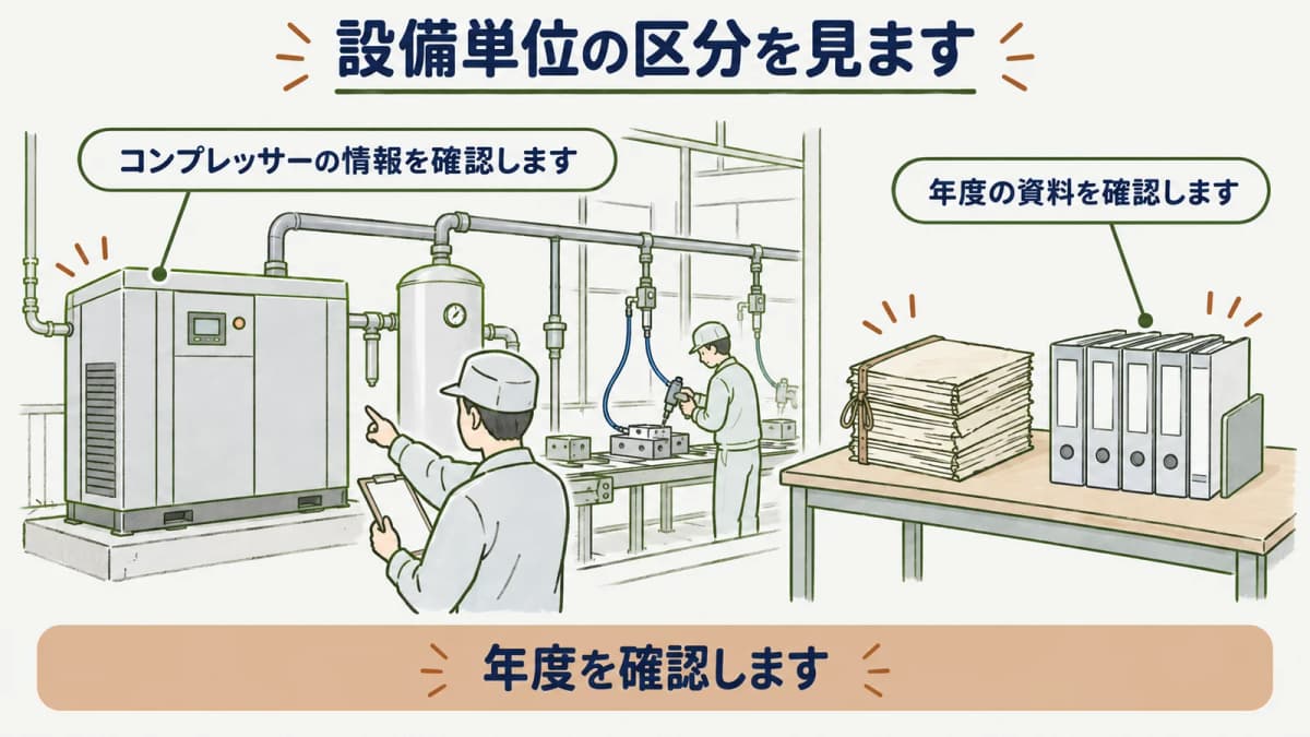 設備単位型の区分と更新候補の機器を確認する図