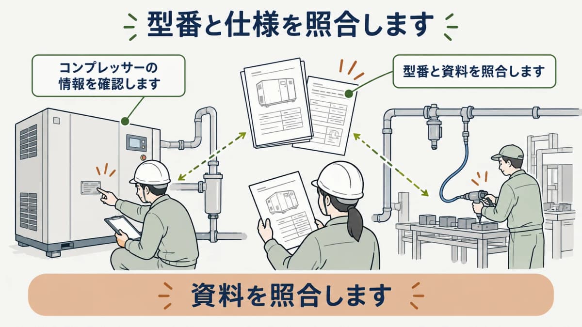 コンプレッサーの型番と仕様を原資料で照合する図