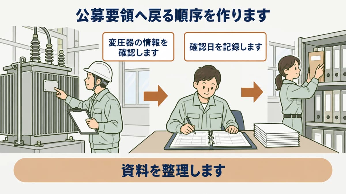 設備台帳から公募要領へ確認を進める図