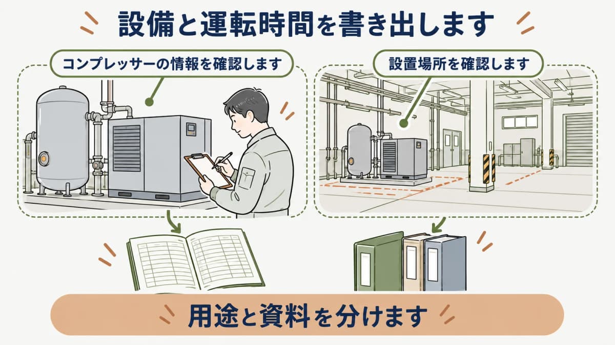 設備一覧と運転時間を設置場所ごとに書き出す図