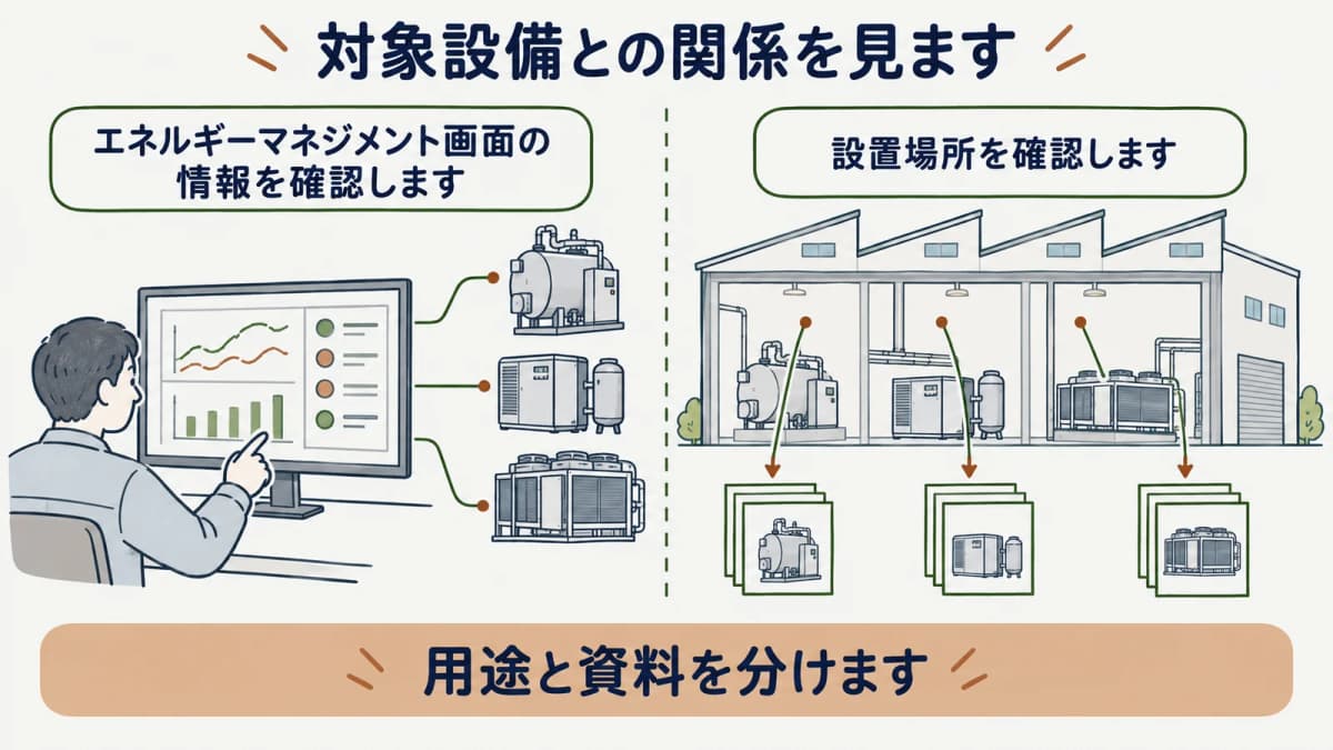 エネルギーマネジメント画面と対象設備の関係を整理する図