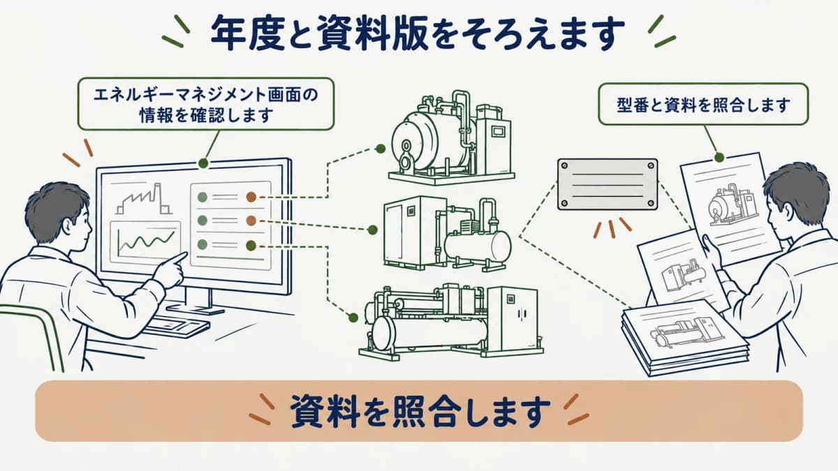 年度と資料版と確認日をそろえる図