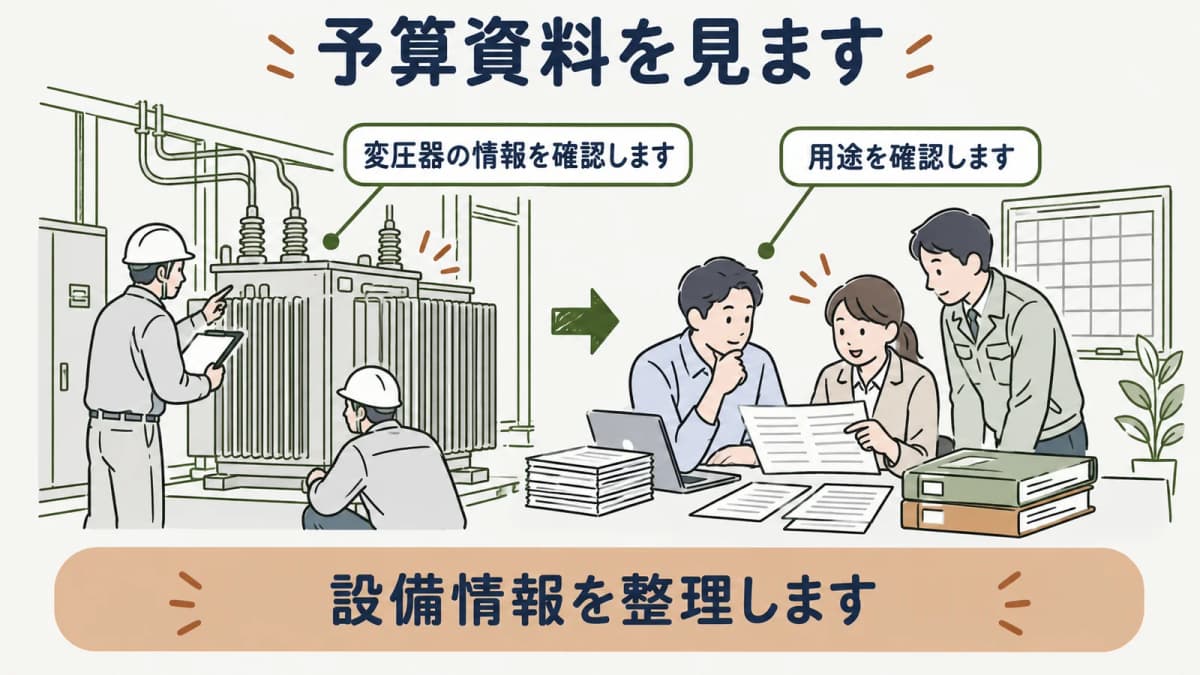 予算資料から設備更新の確認項目を整理する図