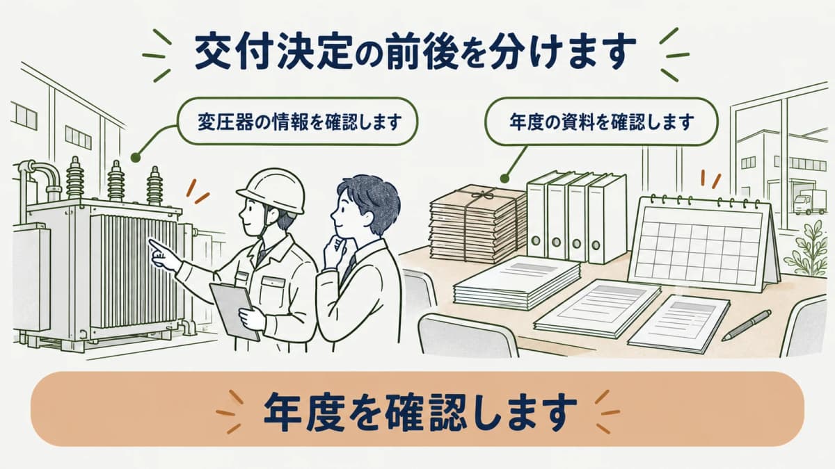 交付決定の前後で確認資料を分ける図