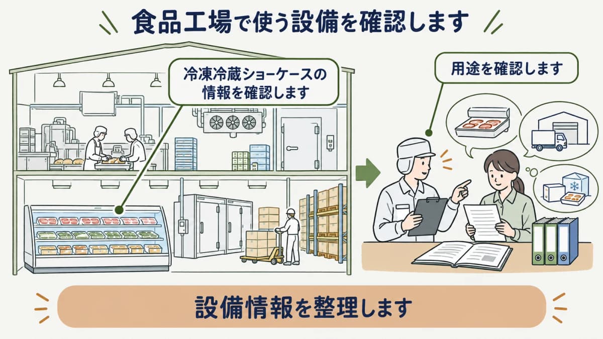 食品工場の低温設備と使用工程を整理する図
