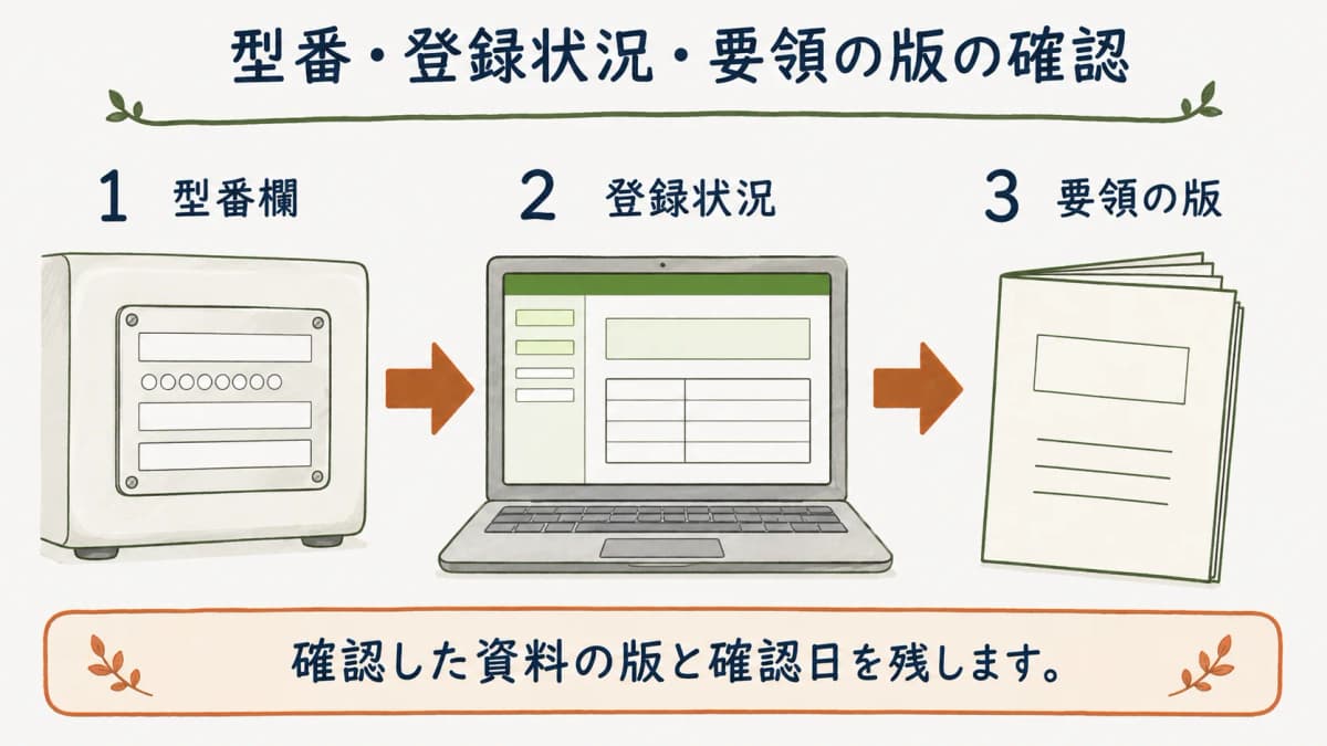 型番と登録状況と公募要領の版を確認する流れ