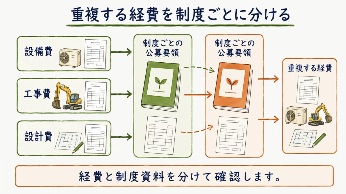 重複する経費を制度ごとに分けて整理する図