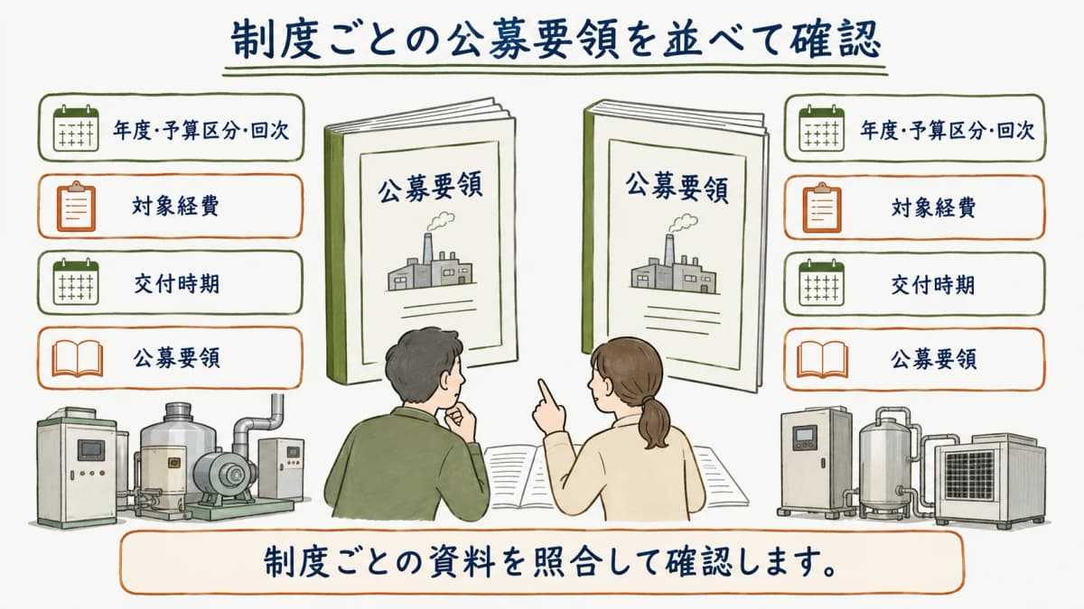 制度ごとの公募要領を並べて確認する流れ