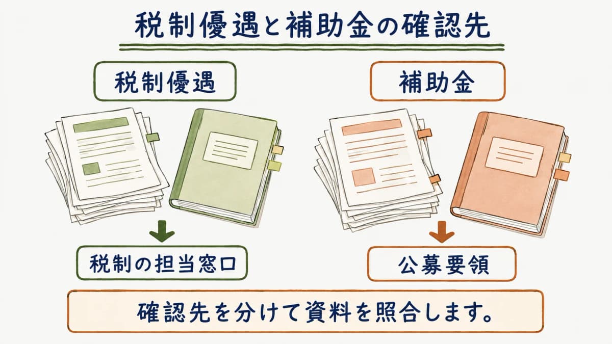 税制優遇と補助金の確認先を分ける図