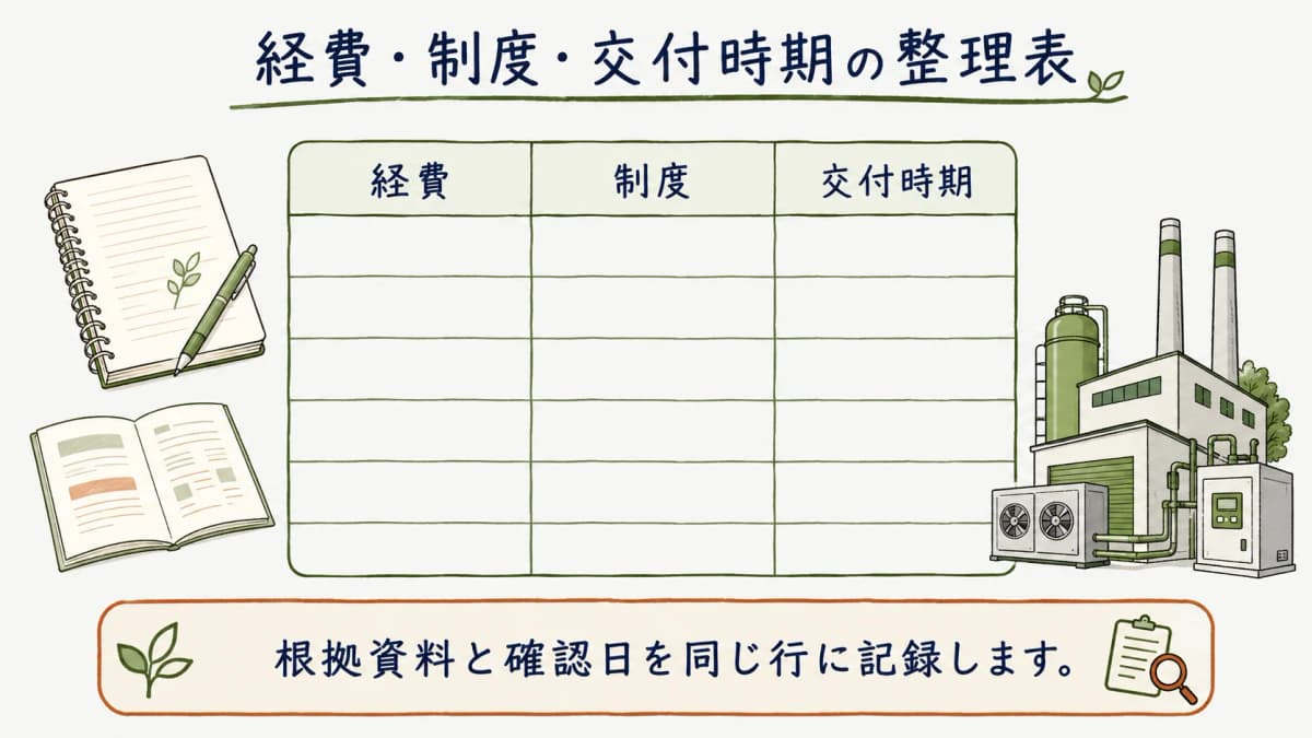 経費と制度と交付時期を一行で整理する表