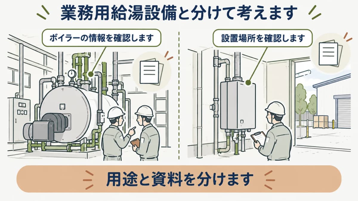 業務用給湯設備をボイラーと分けて整理する図