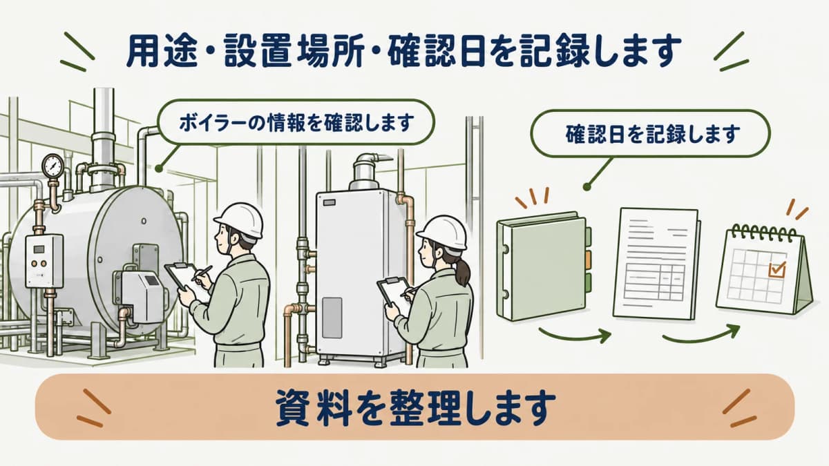 熱源設備の更新計画に用途と確認日を記録する図