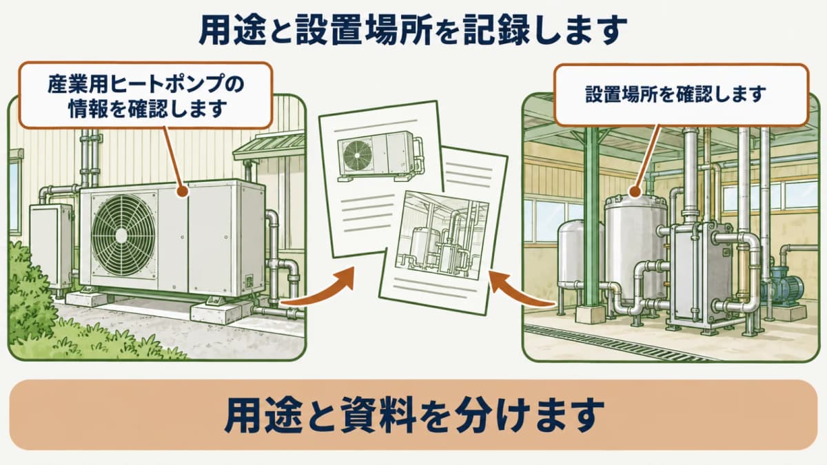 ヒートポンプの用途と設置場所を記録する図