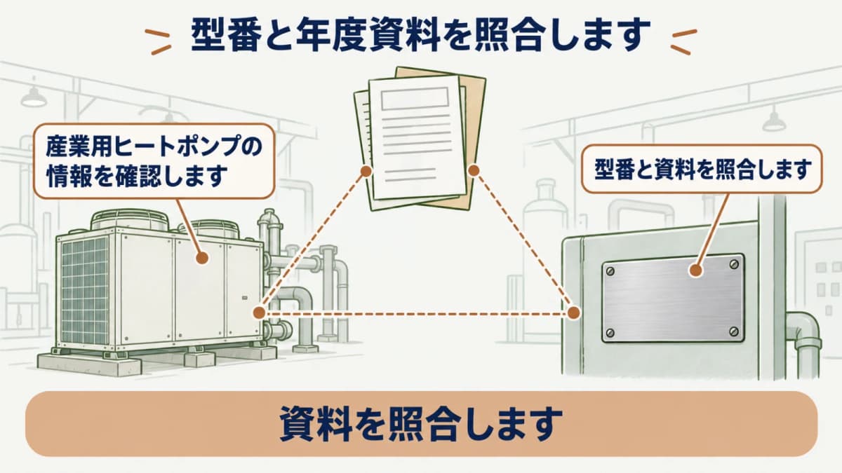 型番と年度資料を照合する図