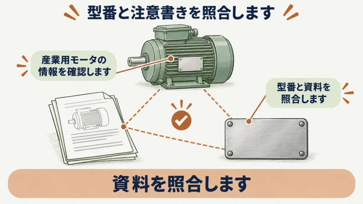 型番と注意書きを年度資料で照合する図