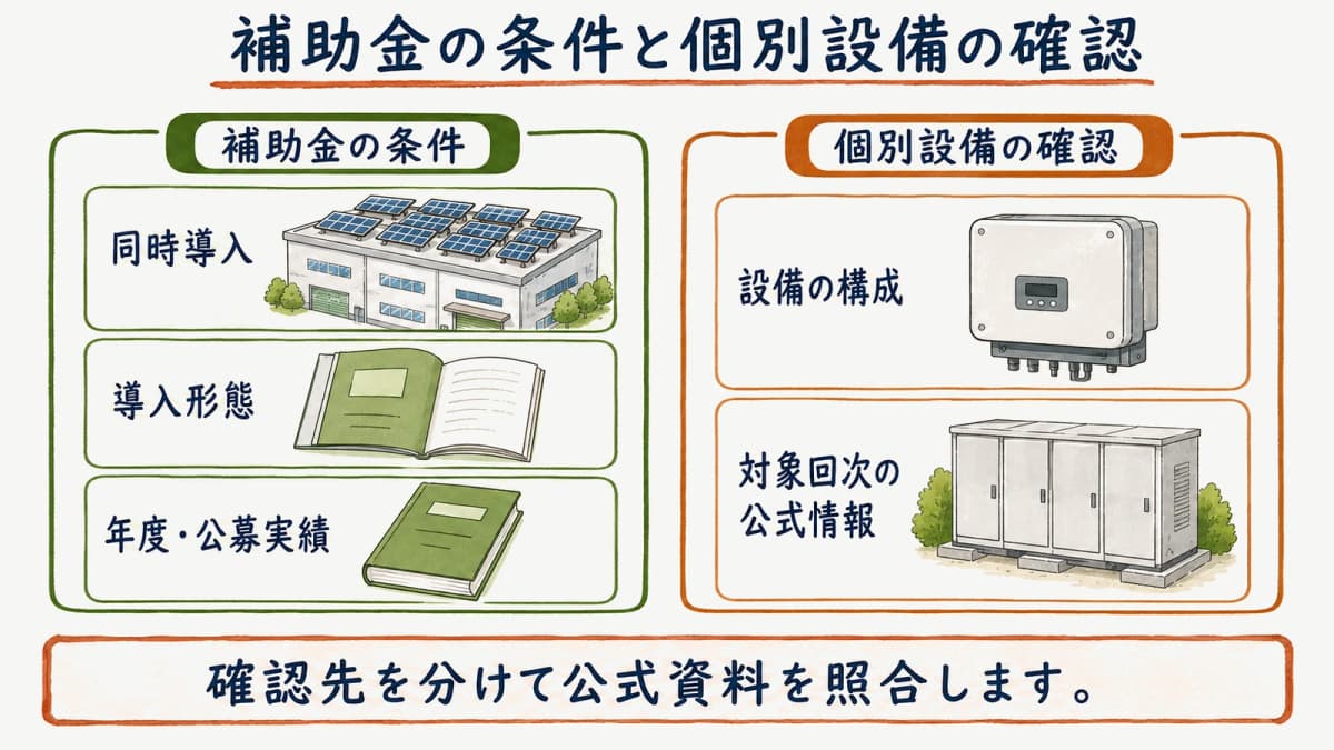 補助金の条件と個別設備の確認を分ける図
