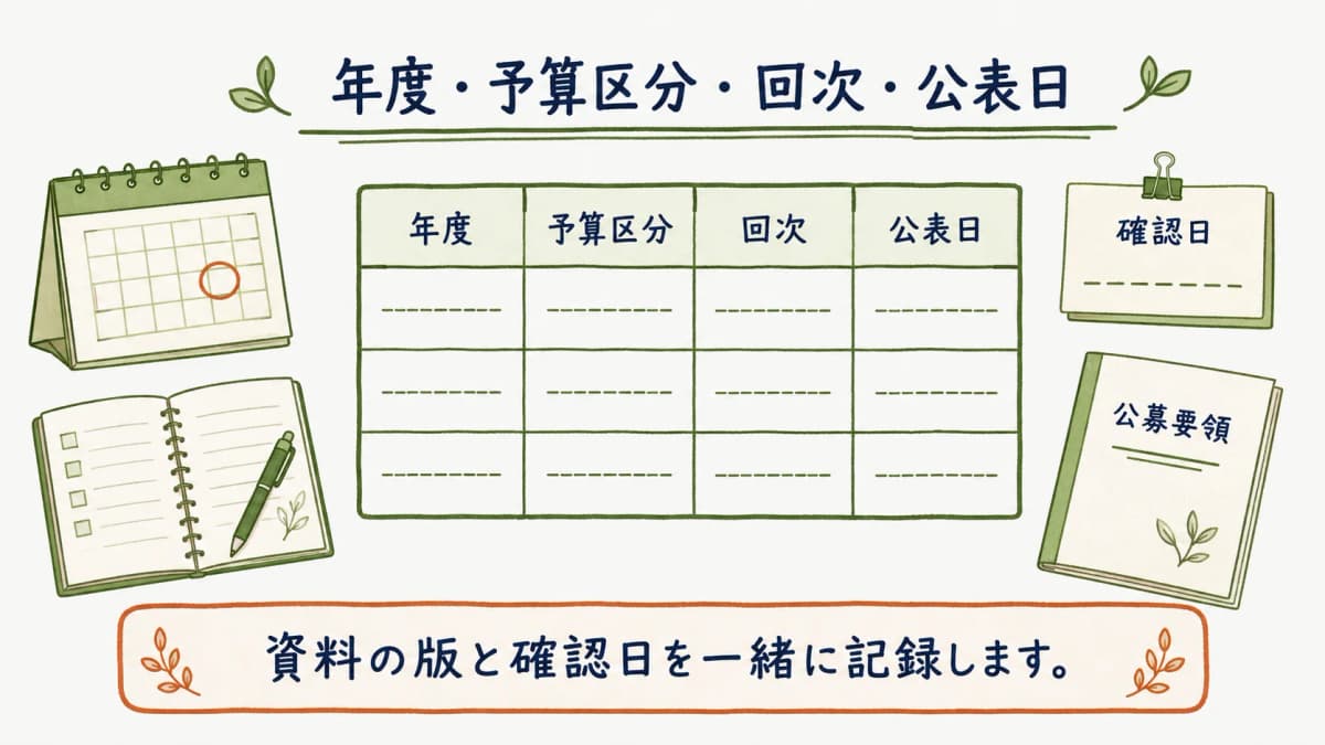 年度と予算区分と回次と公表日を記録する表