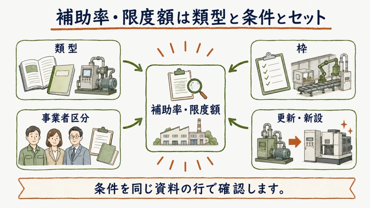 補助率と限度額を類型と条件と一緒に確認する図