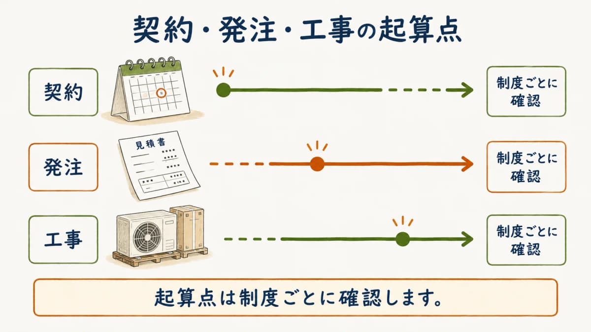 契約と発注と工事の起算点を制度別に分ける図