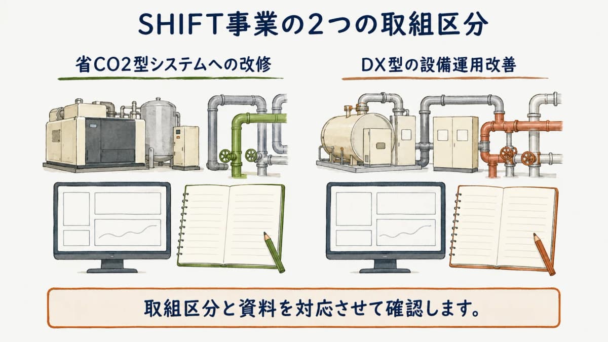 SHIFT事業の省CO2型改修とDX型を分ける図