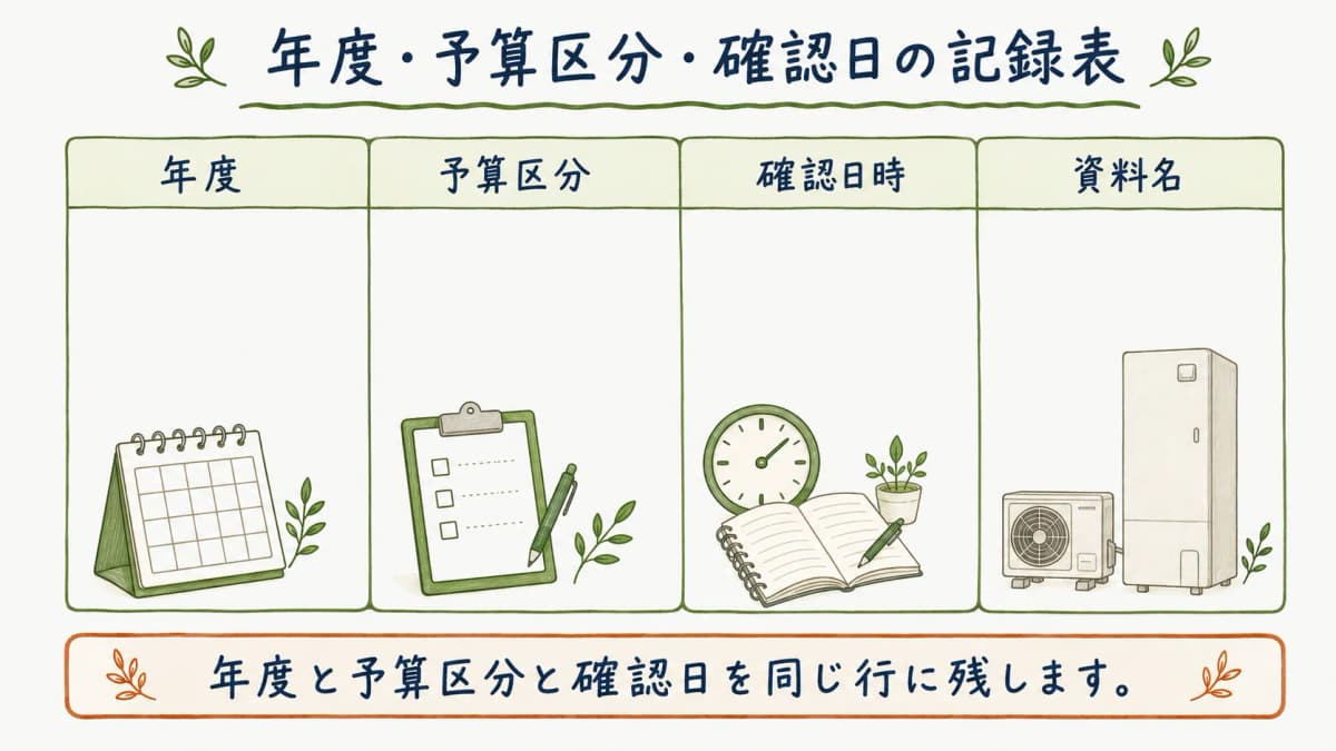 年度と予算区分と確認日をそろえる記録表