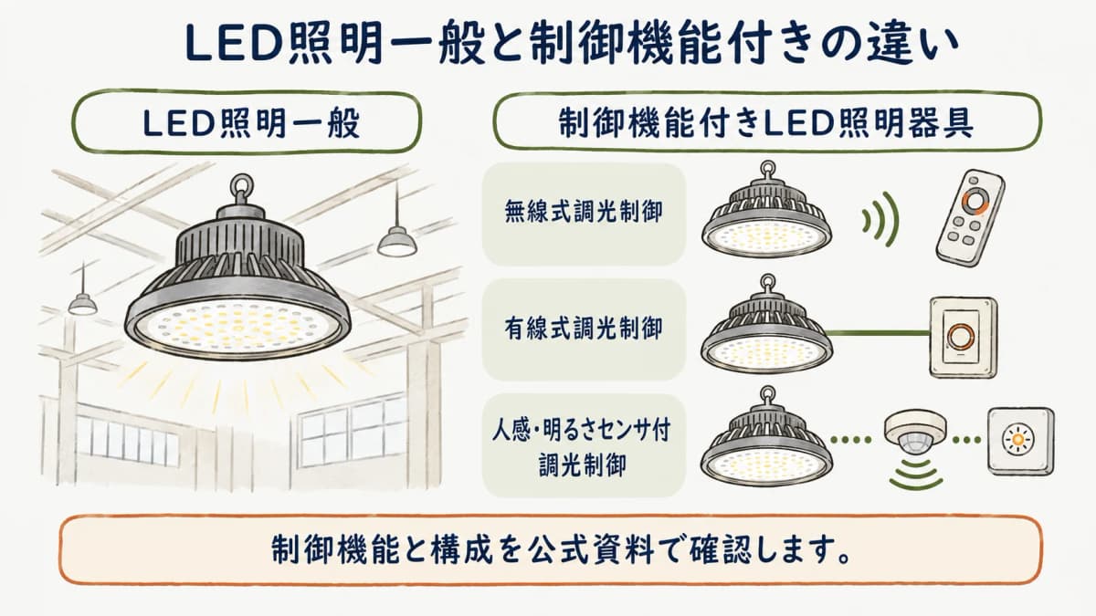 LED照明一般と制御機能付きLED照明器具を区別する図