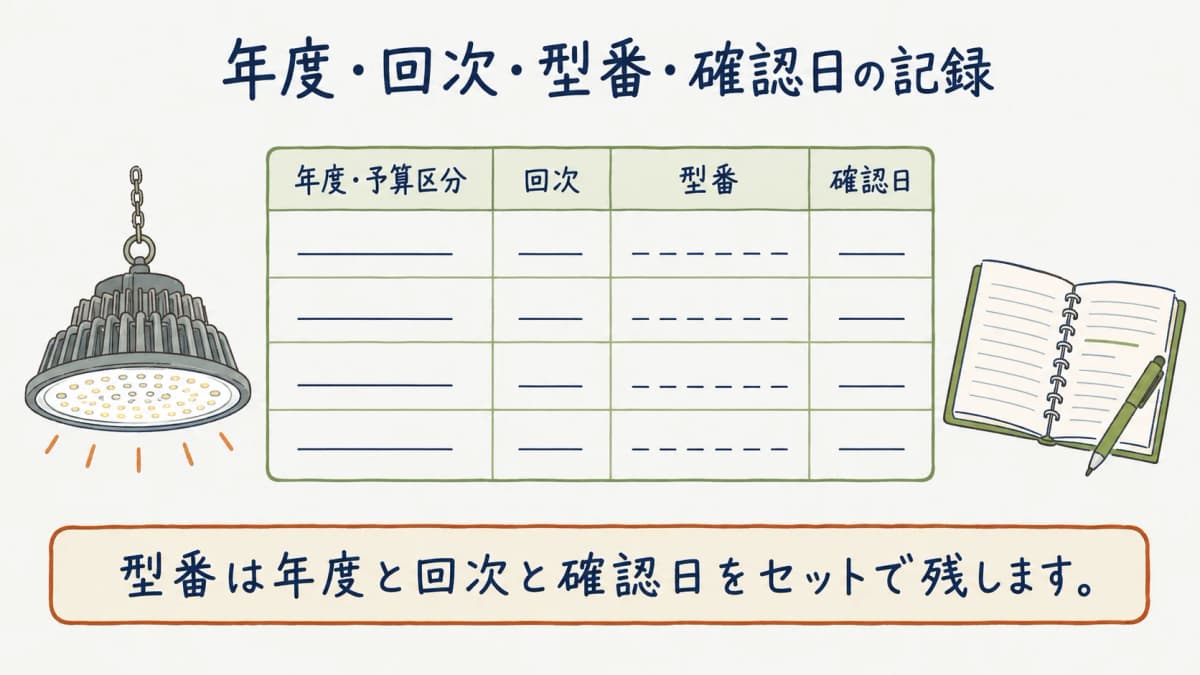 年度と回次と型番と確認日を記録する表