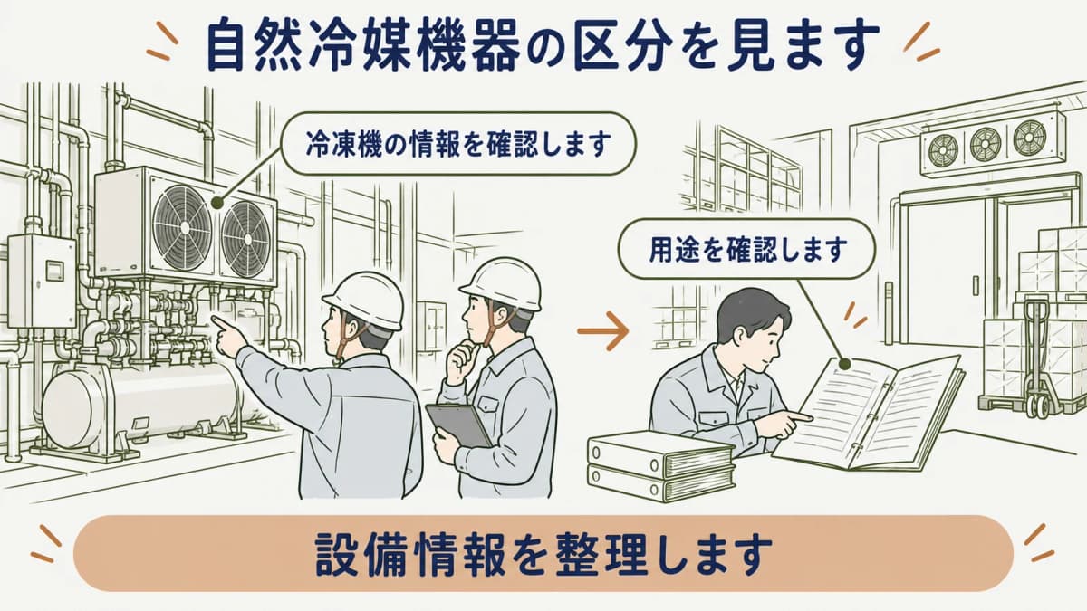 自然冷媒機器の設備情報と確認資料を整理する図