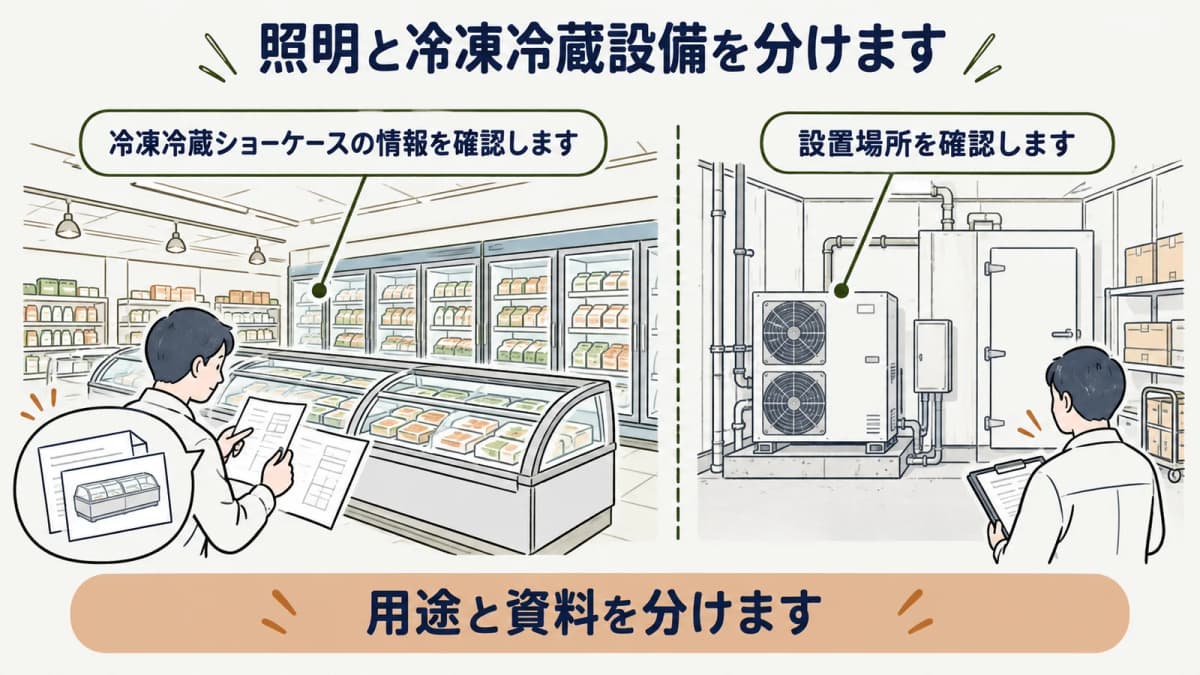 照明と冷凍冷蔵設備を用途別に整理する図