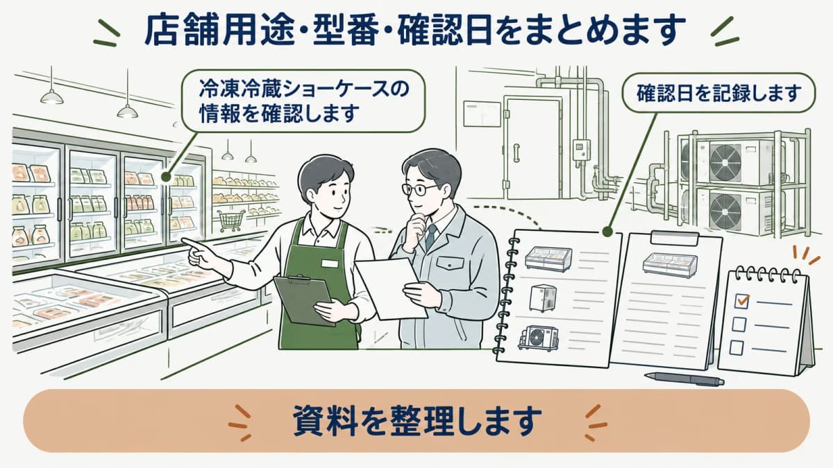 店舗用途と型番と確認日を更新計画に残す図