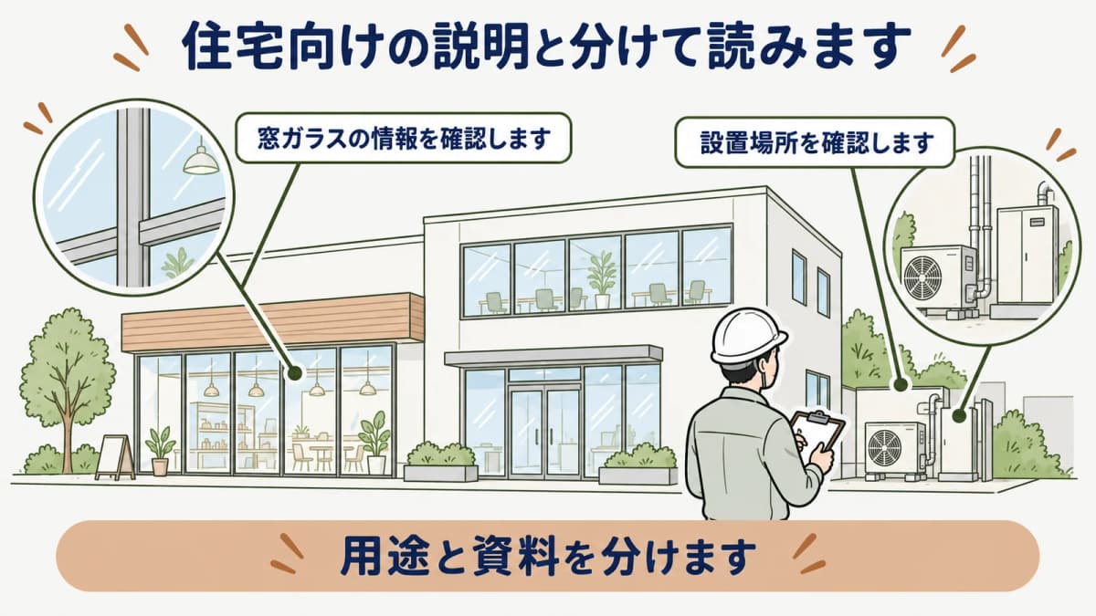 住宅向けの案内と非住宅の確認資料を読み分ける図