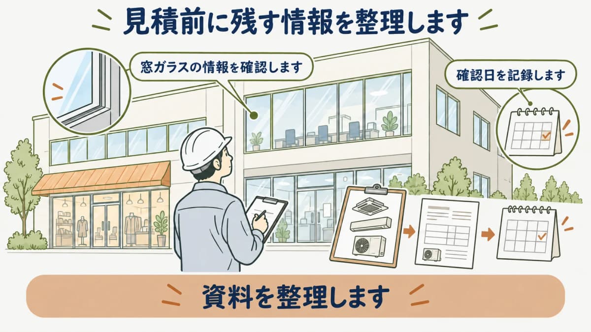 窓改修の見積前に建物情報と資料版を記録する図