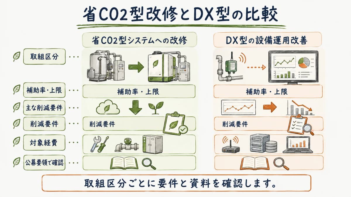 省CO2型システム改修とDX型設備運用改善の比較図