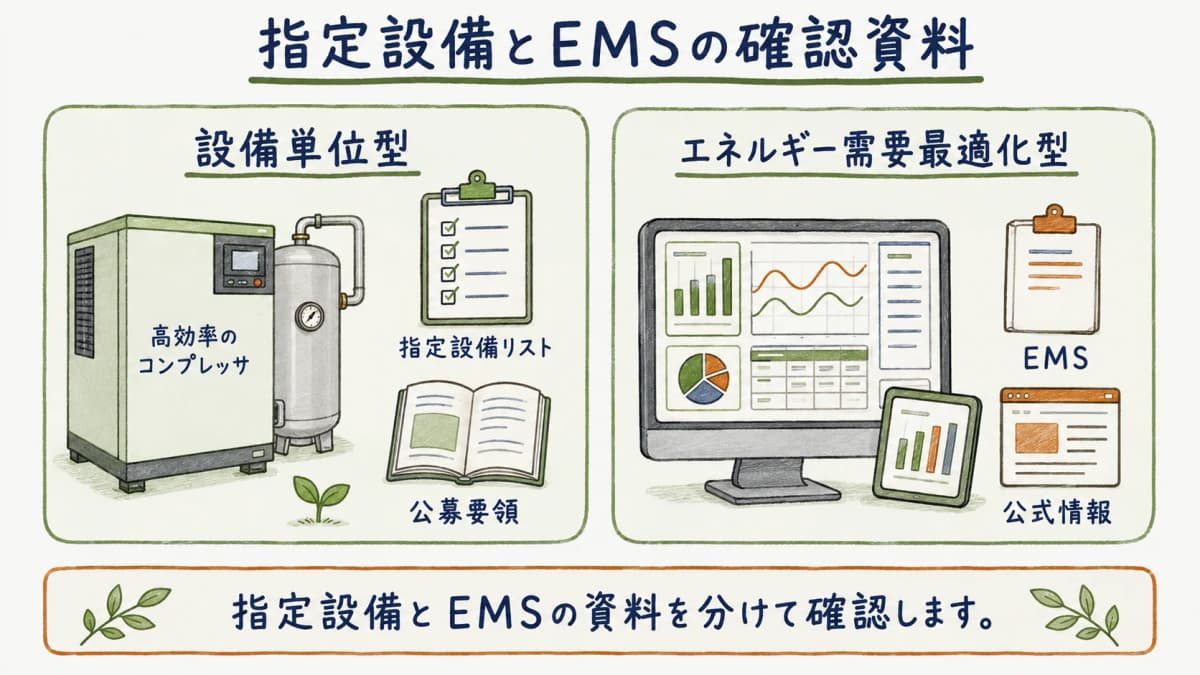 指定設備とEMSで確認資料を分ける図