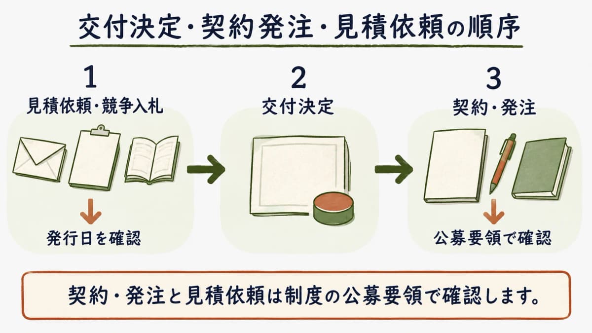 交付決定と契約・発注と見積依頼を分ける時系列図