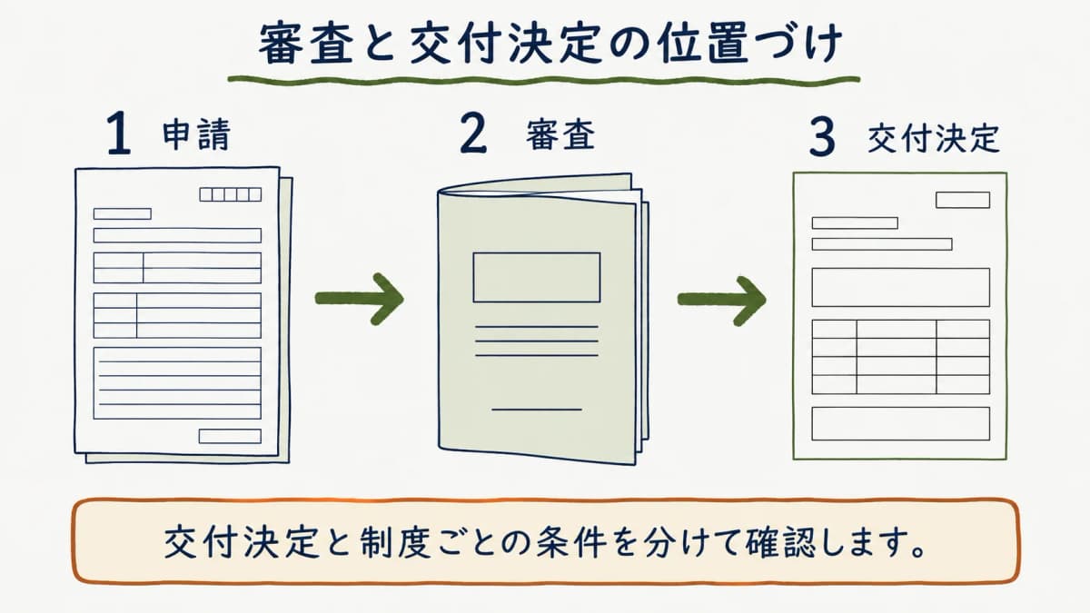 申請内容の審査と交付決定の位置づけを示す図