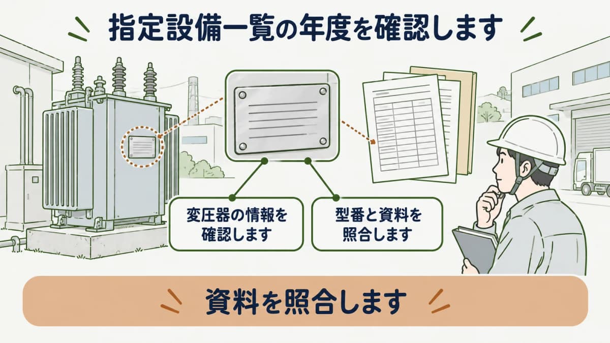 指定設備一覧の年度と型番情報を照合する図