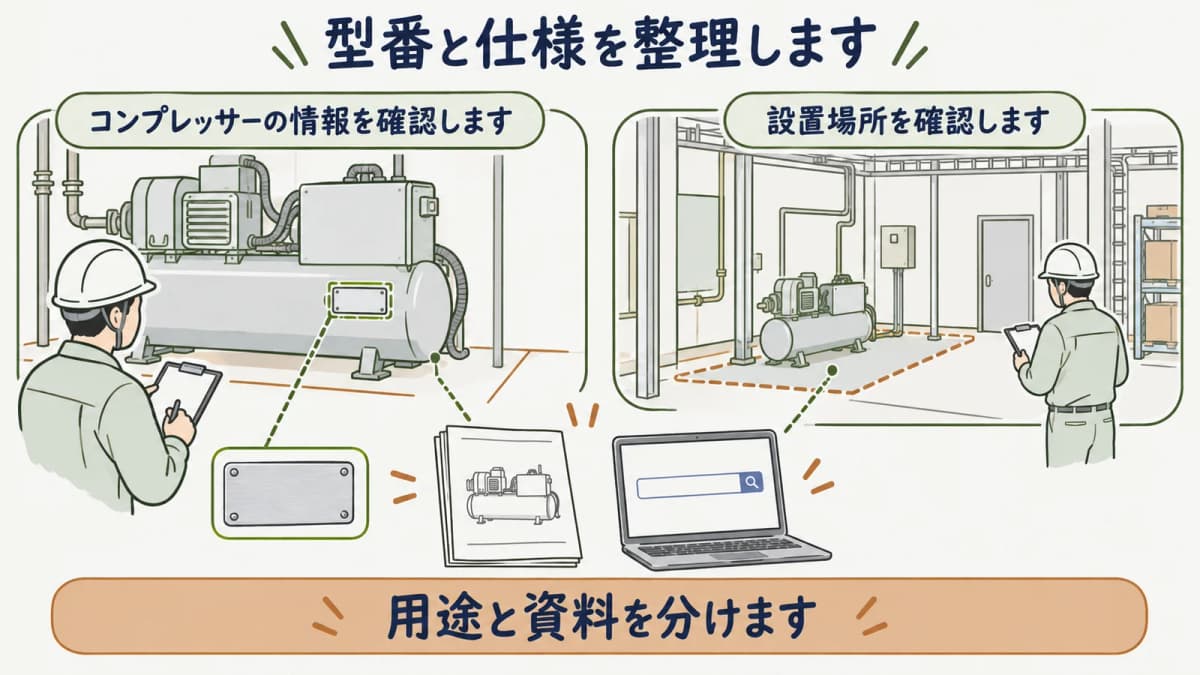 型番と仕様と設置場所を検索前に整える図