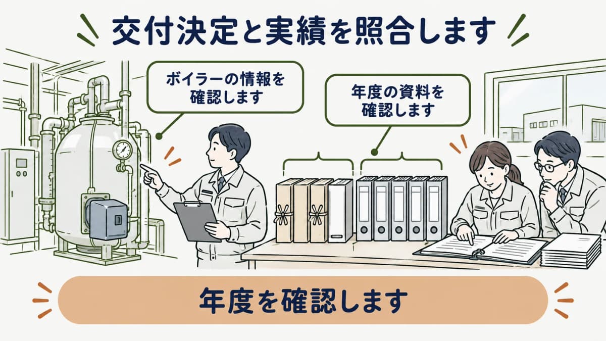交付決定の記録と実績の書類を照合する図