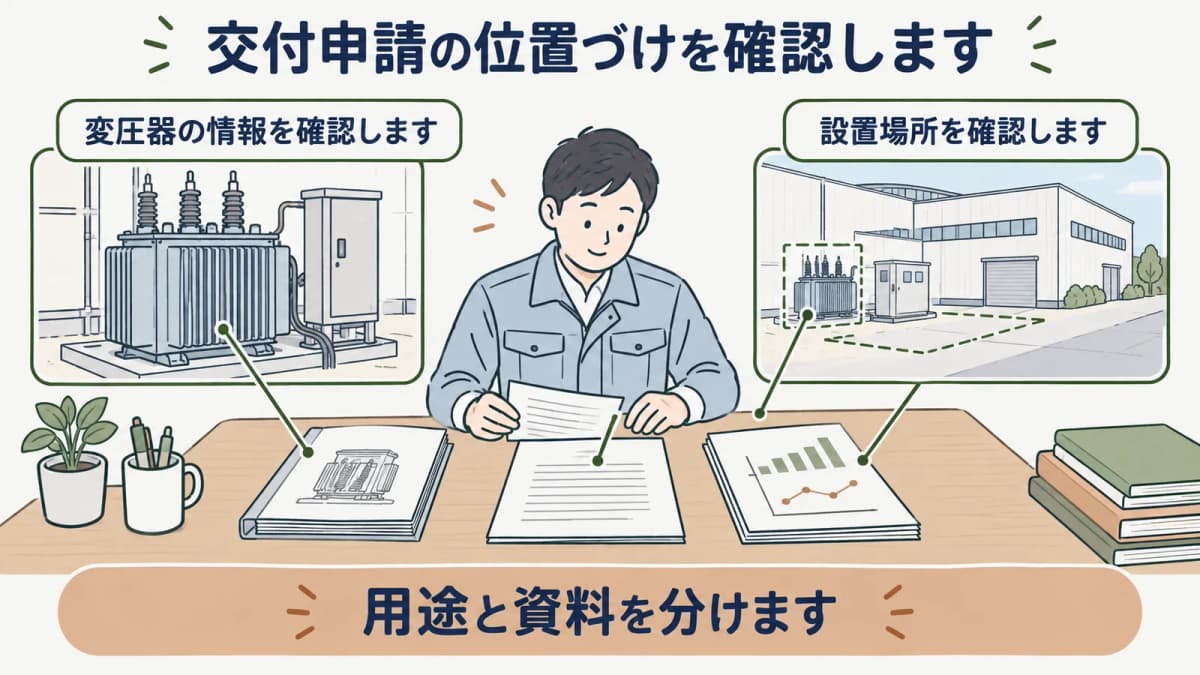 交付申請に関する資料と担当を整理する図
