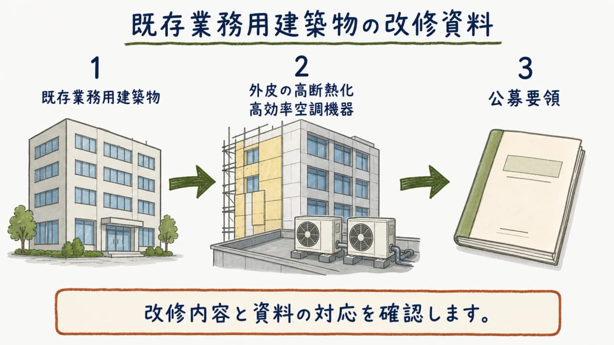 既存業務用建築物の改修資料を確認する流れ